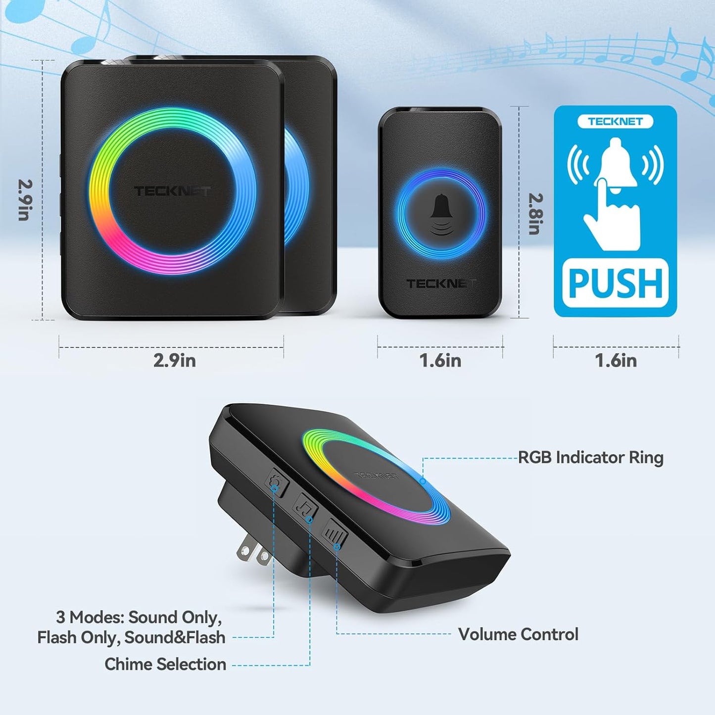 Wireless Doorbell System with Dual Plug-In Receivers, IP65 Waterproof Design, 1300 Ft Operating Range, 60 Melodies, 5 Volume Levels (0-120 dB), and RGB Light for Hearing Impairment