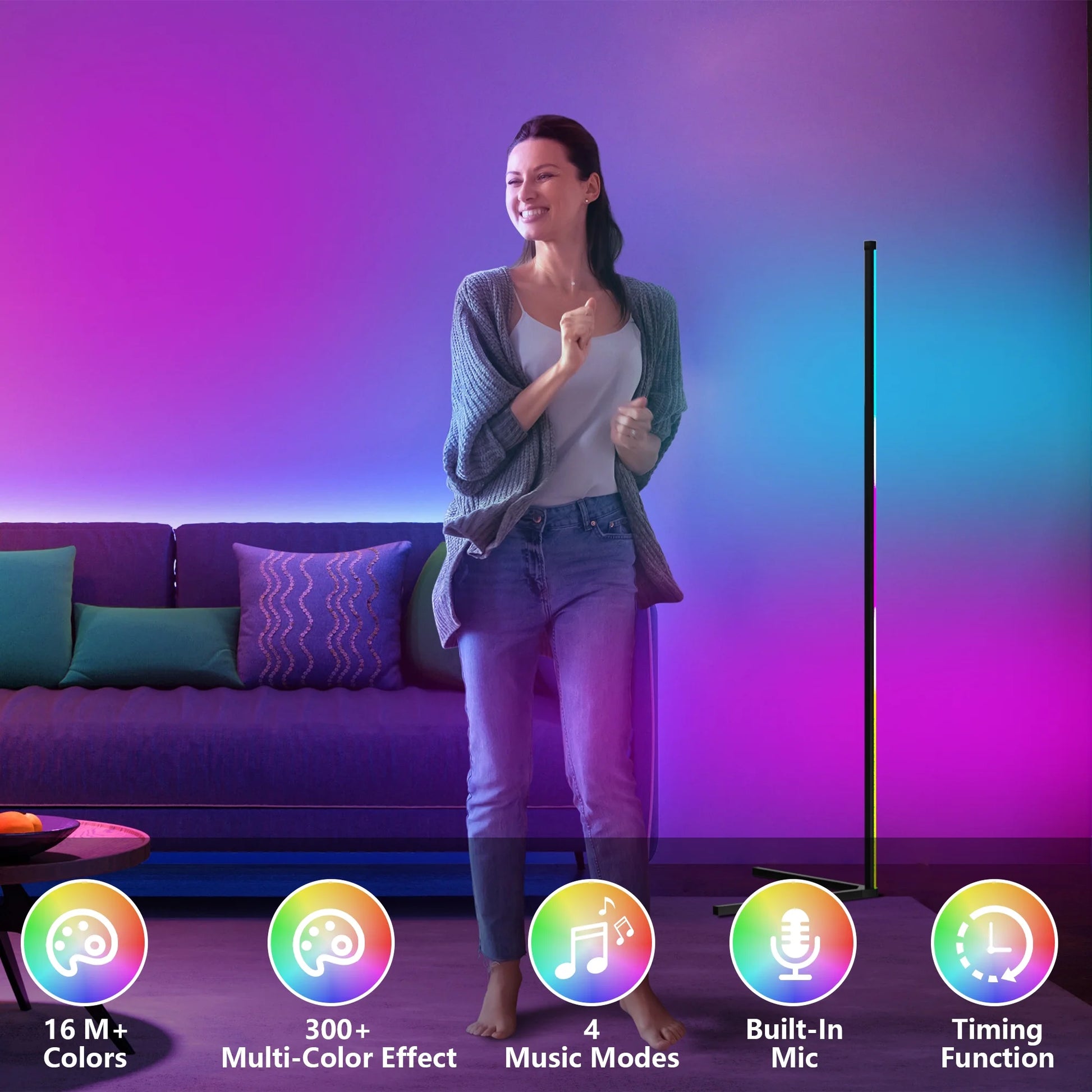Smart RGB Corner Floor Lamp with App and Remote Control, 16 Million Color Options, Music Sync, Modern Design for Bedroom, Living Room, and Gaming Room, Timing and Scheduling Features