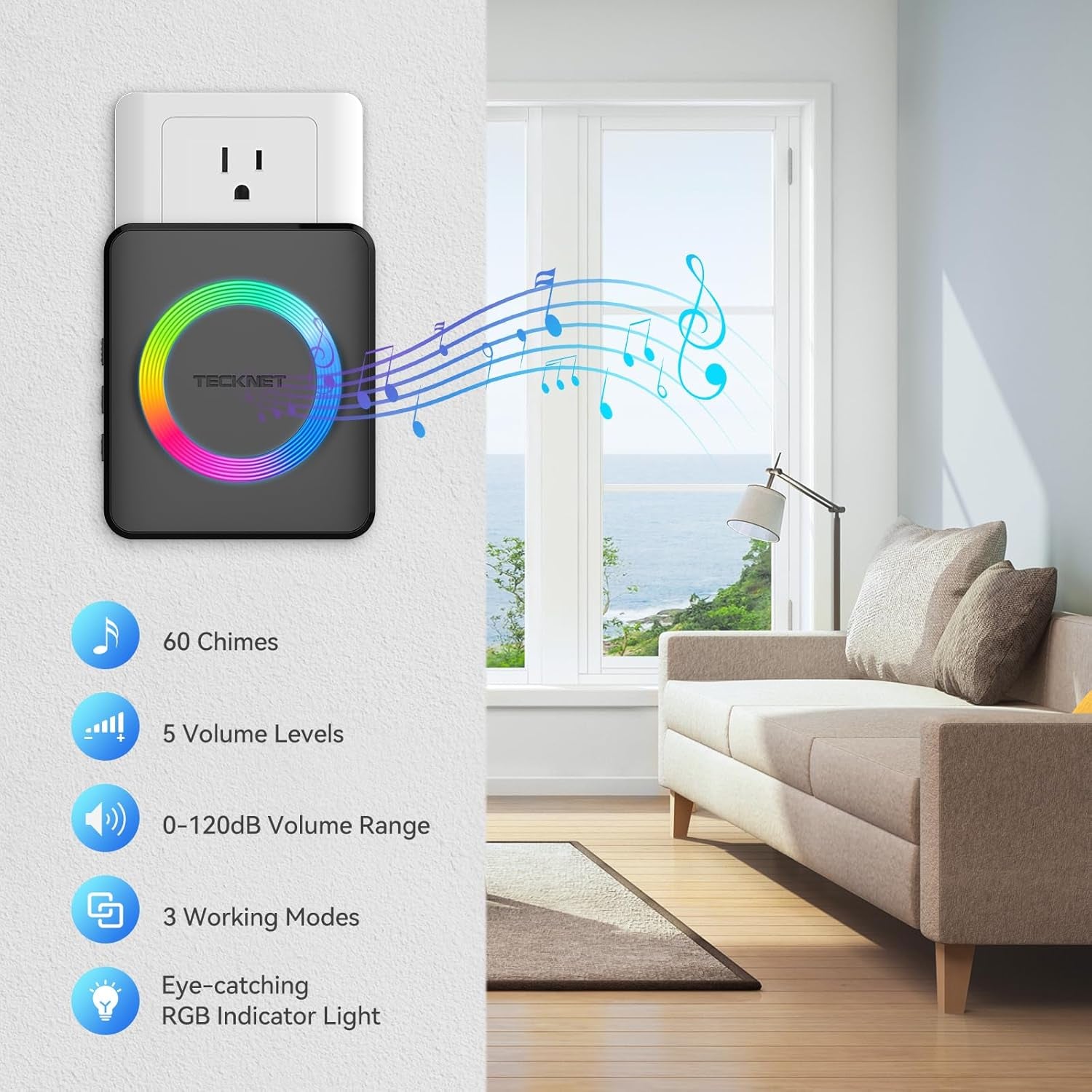 Wireless Doorbell System with Dual Plug-In Receivers, IP65 Waterproof Design, 1300 Ft Operating Range, 60 Melodies, 5 Volume Levels (0-120 dB), and RGB Light for Hearing Impairment