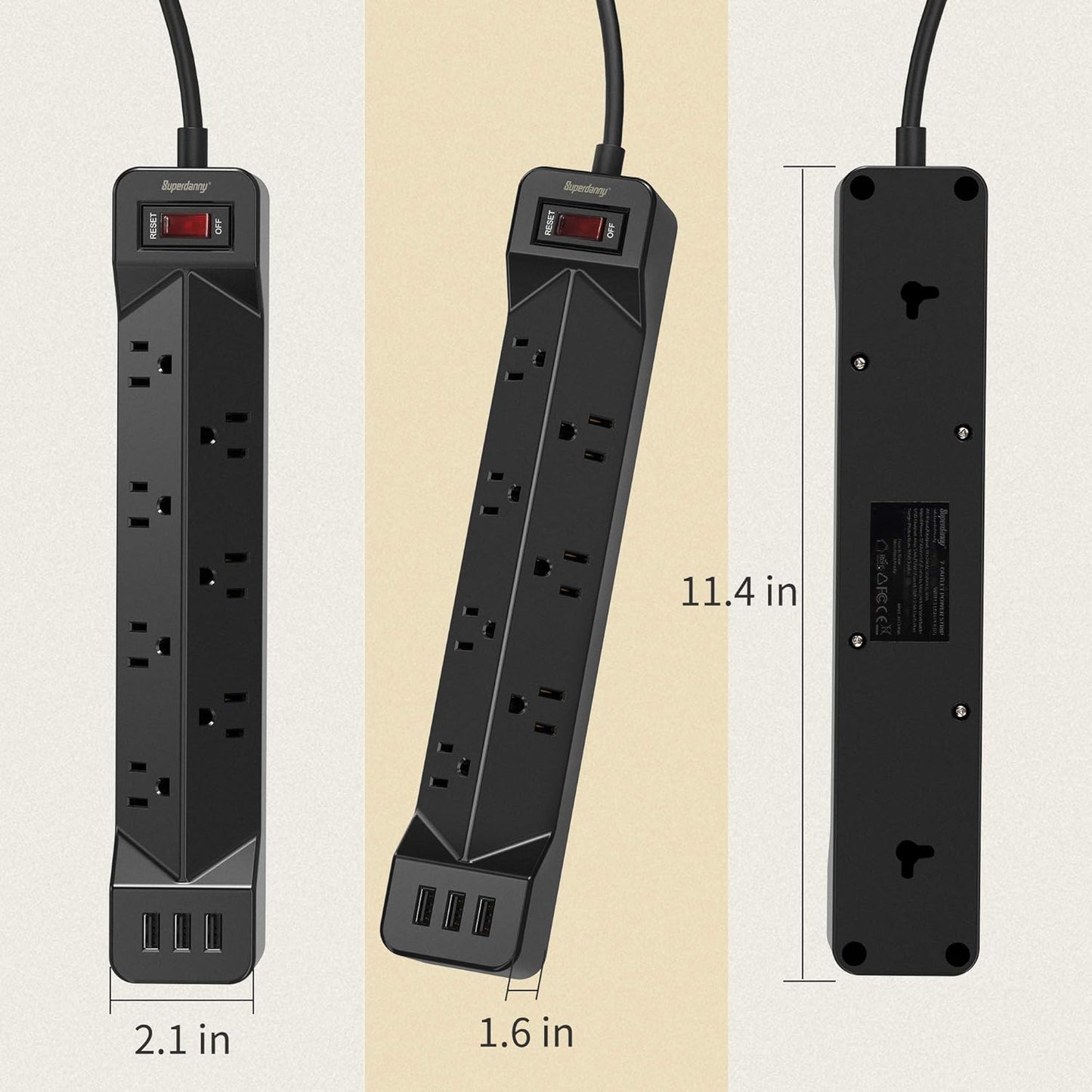 16.5FT Power Strip Surge Protector with Flat Plug, 7 Wide-Spaced Outlets, 3 USB Ports, Mountable Extension Cord Charging Station, Overload Protection for Home, Office, Hotel, and Dorm, Black