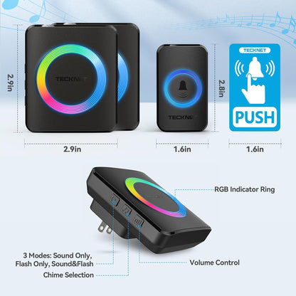 Wireless Doorbell System with Dual Plug-In Receivers, IP65 Waterproof Design, 1300 Ft Operating Range, 60 Melodies, 5 Volume Levels (0-120 dB), and RGB Light for Hearing Impairment
