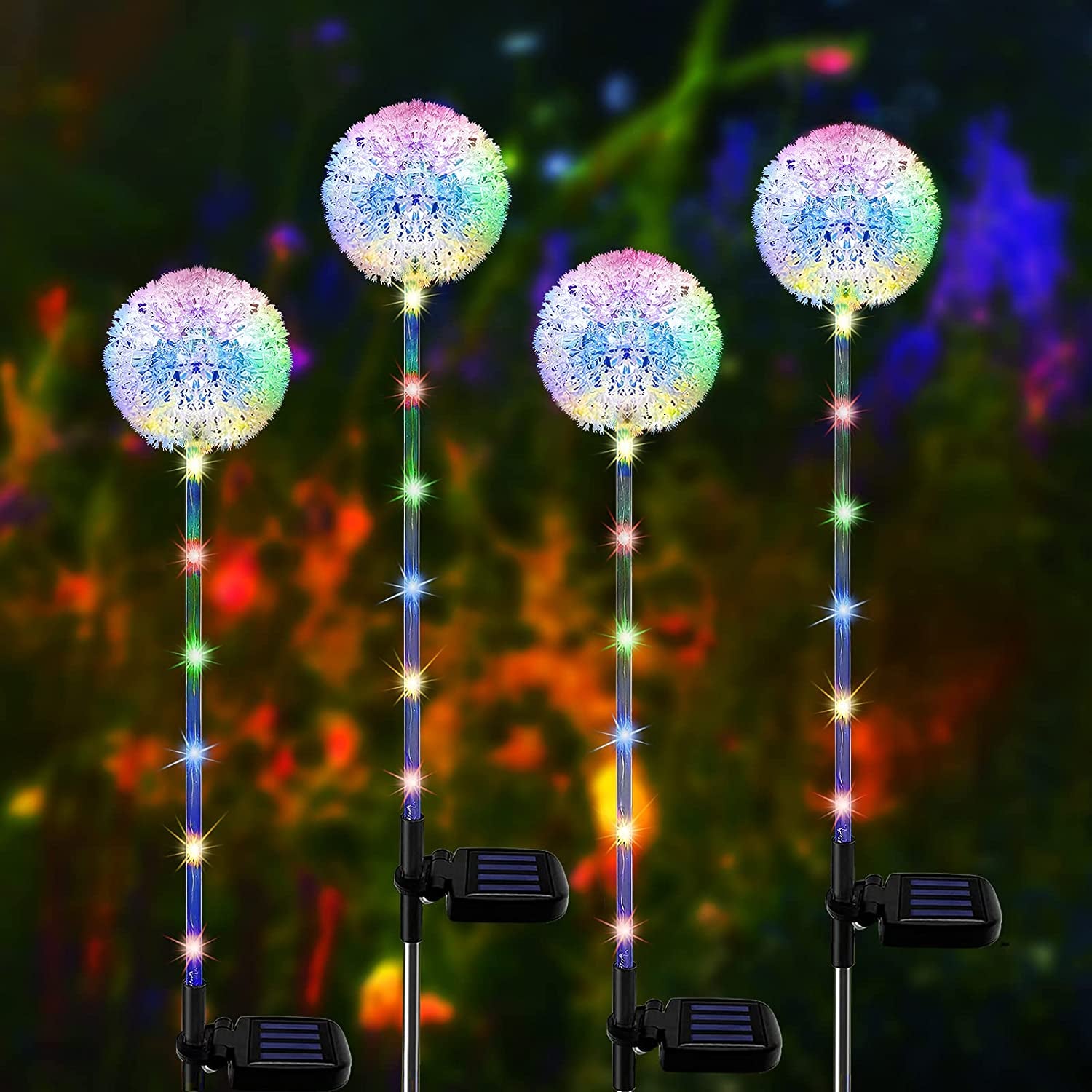 Outdoor Solar Garden Lights - 4-Pack Dandelion Stake Lights, Waterproof Multi-Color Decorative Pathway Illumination