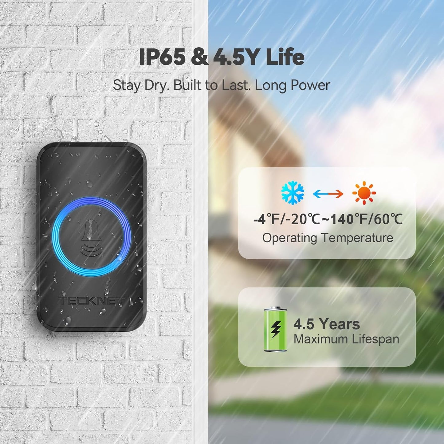 Wireless Doorbell System with Dual Plug-In Receivers, IP65 Waterproof Design, 1300 Ft Operating Range, 60 Melodies, 5 Volume Levels (0-120 dB), and RGB Light for Hearing Impairment