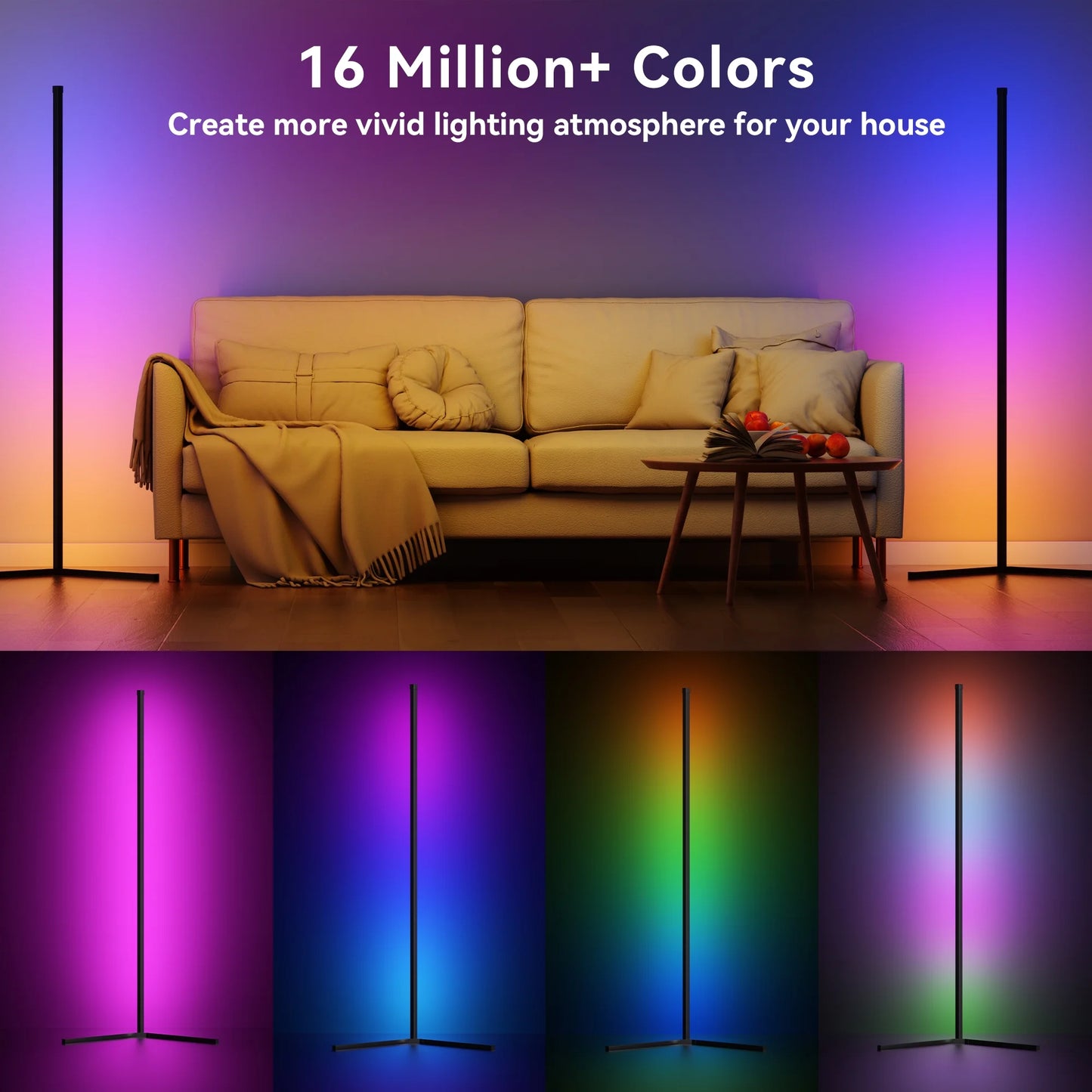 Smart RGB Corner Floor Lamp with App and Remote Control, 16 Million Color Options, Music Sync, Modern Design for Bedroom, Living Room, and Gaming Room, Timing and Scheduling Features