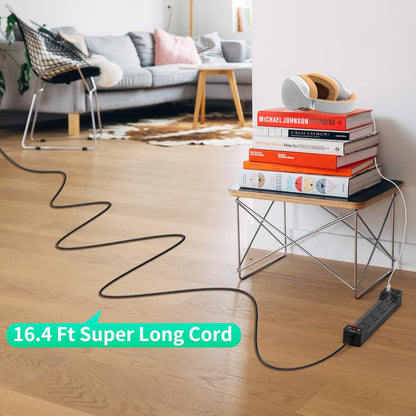 16.5FT Power Strip Surge Protector with Flat Plug, 7 Wide-Spaced Outlets, 3 USB Ports, Mountable Extension Cord Charging Station, Overload Protection for Home, Office, Hotel, and Dorm, Black
