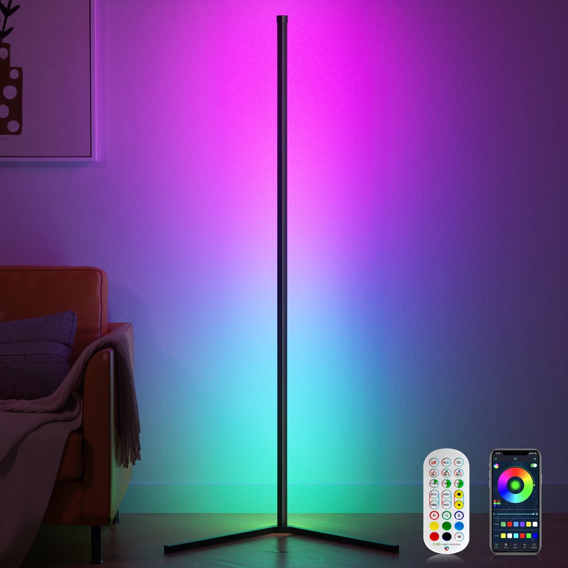 Smart RGB Corner Floor Lamp with App and Remote Control, 16 Million Color Options, Music Sync, Modern Design for Bedroom, Living Room, and Gaming Room, Timing and Scheduling Features