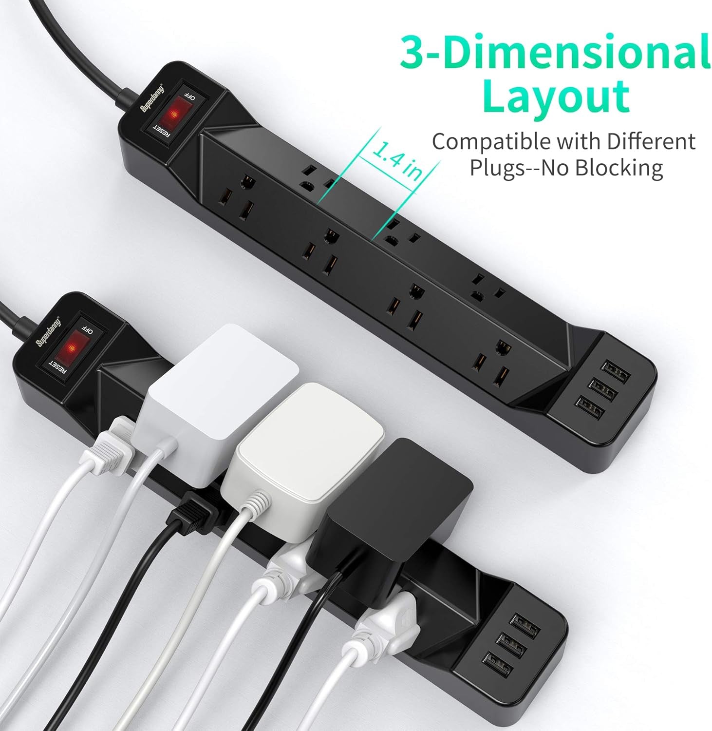 16.5FT Power Strip Surge Protector with Flat Plug, 7 Wide-Spaced Outlets, 3 USB Ports, Mountable Extension Cord Charging Station, Overload Protection for Home, Office, Hotel, and Dorm, Black
