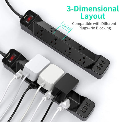 16.5FT Power Strip Surge Protector with Flat Plug, 7 Wide-Spaced Outlets, 3 USB Ports, Mountable Extension Cord Charging Station, Overload Protection for Home, Office, Hotel, and Dorm, Black