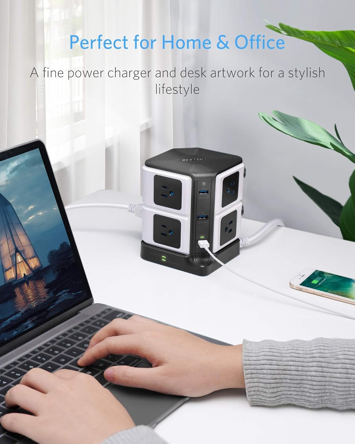 Long Cord Surge Protector Power Strip with USB 8-Outlet and 40W/8A 6 USB Charging Station,1500 Joules,12 Feet Cord,Etl Listed