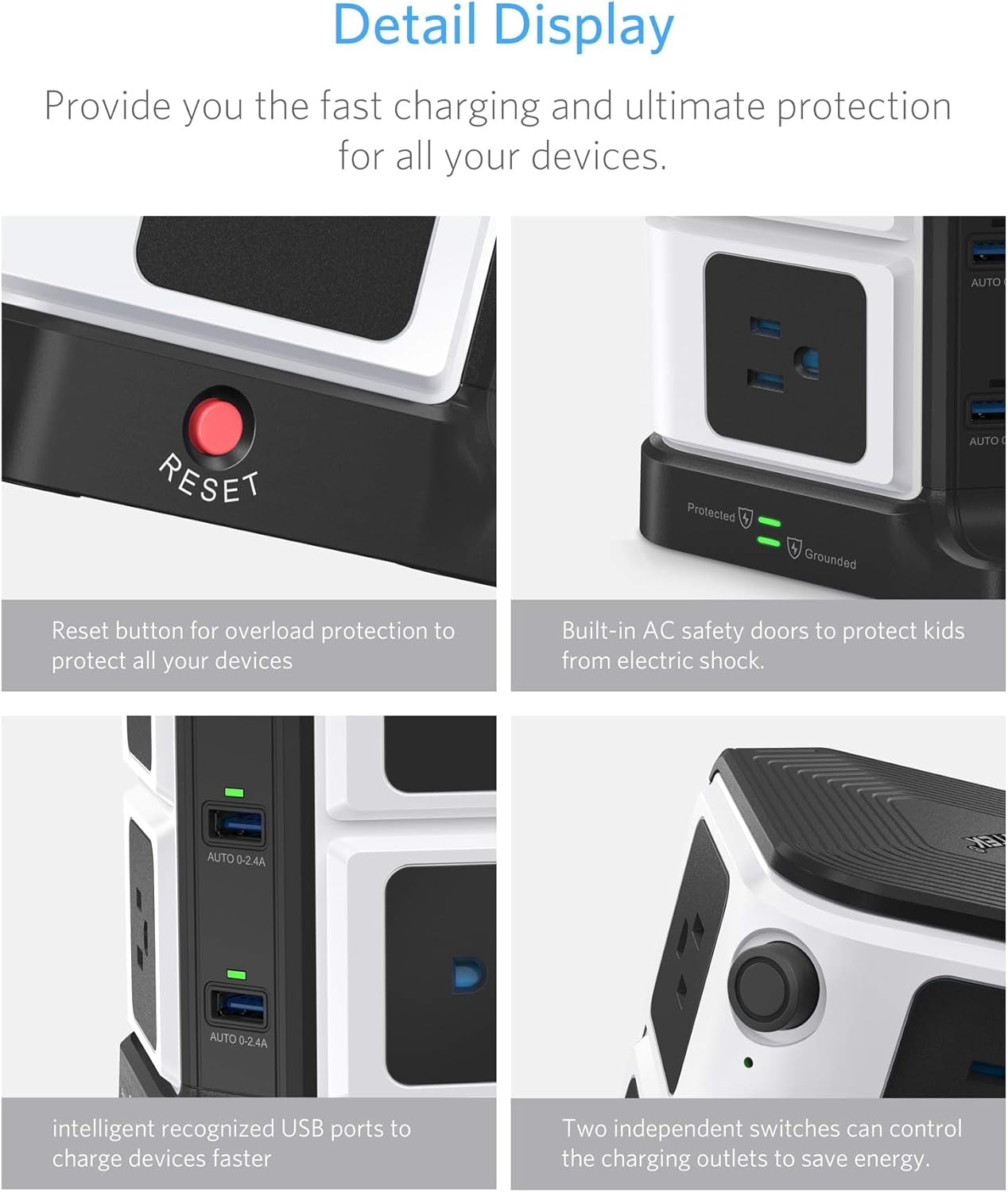Long Cord Surge Protector Power Strip with USB 8-Outlet and 40W/8A 6 USB Charging Station,1500 Joules,12 Feet Cord,Etl Listed
