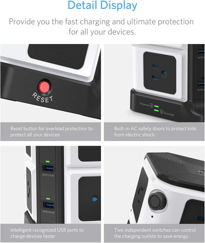 Long Cord Surge Protector Power Strip with USB 8-Outlet and 40W/8A 6 USB Charging Station,1500 Joules,12 Feet Cord,Etl Listed