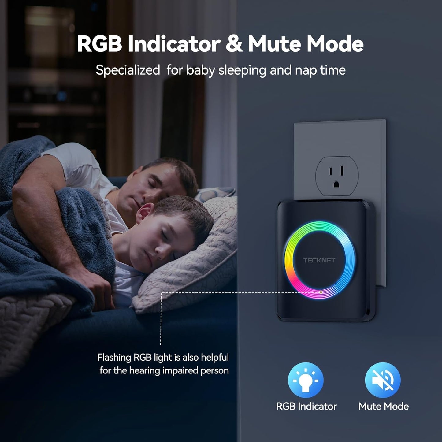 Wireless Doorbell System with Dual Plug-In Receivers, IP65 Waterproof Design, 1300 Ft Operating Range, 60 Melodies, 5 Volume Levels (0-120 dB), and RGB Light for Hearing Impairment