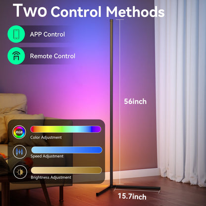 Smart RGB Corner Floor Lamp with App and Remote Control, 16 Million Color Options, Music Sync, Modern Design for Bedroom, Living Room, and Gaming Room, Timing and Scheduling Features
