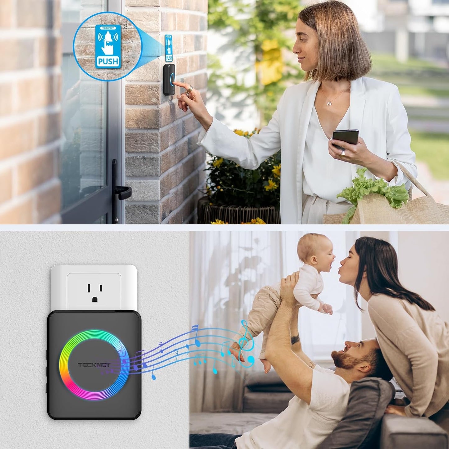 Wireless Doorbell System with Dual Plug-In Receivers, IP65 Waterproof Design, 1300 Ft Operating Range, 60 Melodies, 5 Volume Levels (0-120 dB), and RGB Light for Hearing Impairment